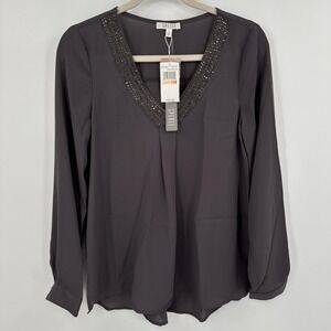 Spense Blouse Womens Small Long Sleeve Embellished V‎ Neck Top